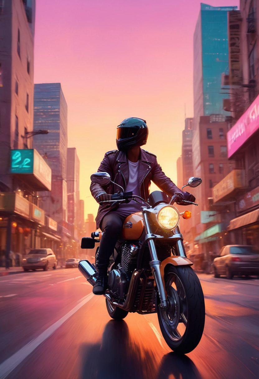 A stylish individual riding a motorcycle, exuding confidence while navigating through a vibrant cityscape at sunset. The background showcases a blend of pastel colors melting into darker tones, symbolizing the harmony of sadness and style. Include musical notes subtly floating in the air, representing the noisy yet uplifting essence of the journey. super-realistic. vibrant colors. cinematic depth.